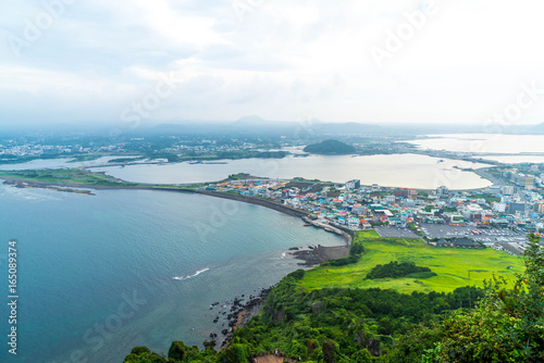 Jeju city skyline view from Seongsan Ilchulbong, Jeju Island.