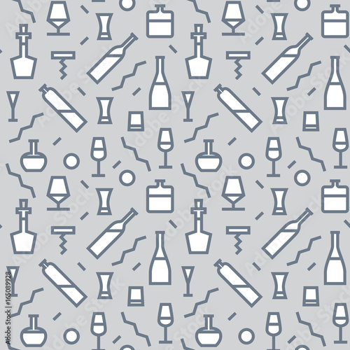 Vector Illustration of Bar Bottle Seamless Pattern Outline for Design, Website, Background, Banner. Alcohol Element for Barman Infographc. Menu or restaurant Element Template. Hipster fashion. Memphis