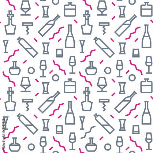 Vector Illustration of Bar Bottle Seamless Pattern Outline for Design, Website, Background, Banner. Alcohol Element for Barman Infographc. Menu or restaurant Element Template. Hipster fashion. Memphis