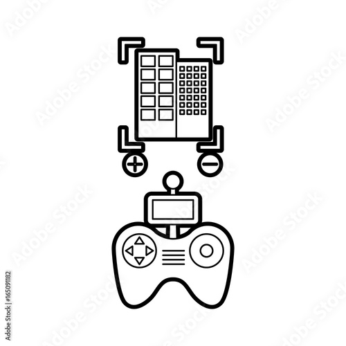 Drone remote control with builbing vector illustration design