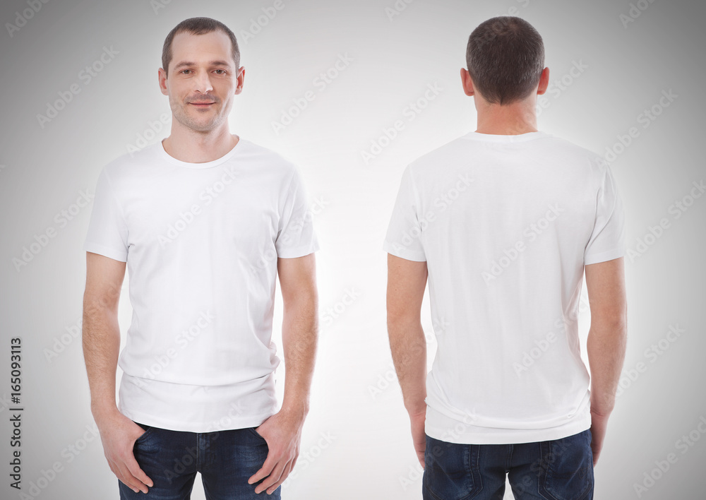 Shirt design and people concept - close up of young man in blank black tshirt front and rear isolated. Mock up template for design print Shirt design and people concept - close up of young man in blank black tshirt front and rear isolated. Mock up template for design print