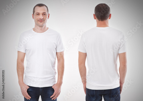 Shirt design and people concept - close up of young man in blank black tshirt front and rear isolated. Mock up template for design print