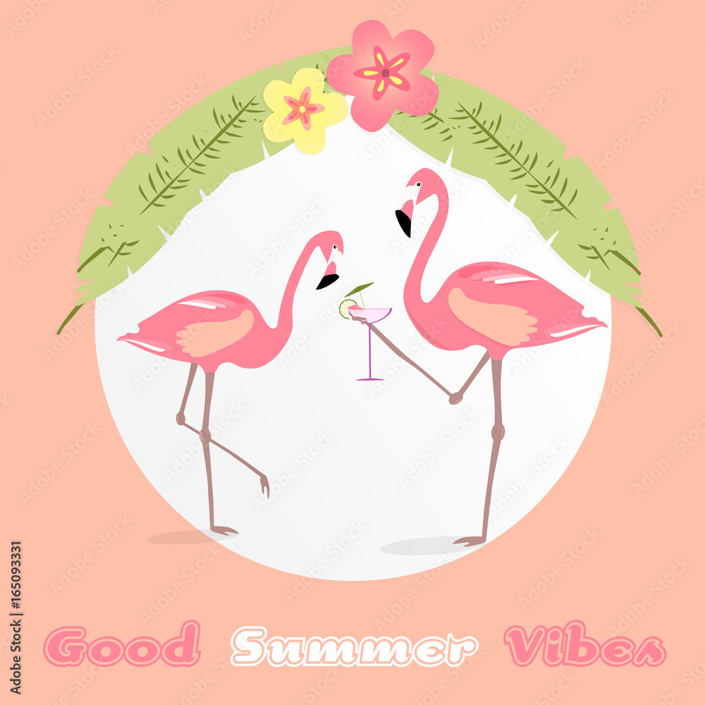 Fototapeta premium Summertime. Good vibes only with two flamingos and a cocktail in trendy colors.
