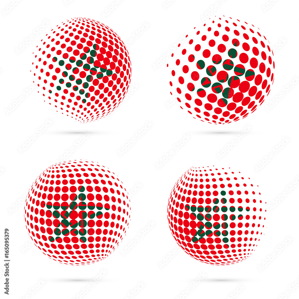 Morocco halftone flag set patriotic vector design. 3D halftone sphere in Morocco national flag colors isolated on white background.