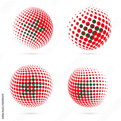 Morocco halftone flag set patriotic vector design. 3D halftone sphere in Morocco national flag colors isolated on white background.