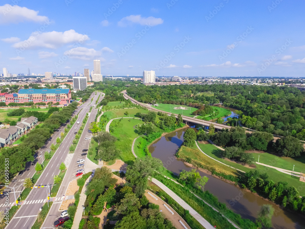 Aerial view of westcentral area in Houston from Buffalo Bayou Park
