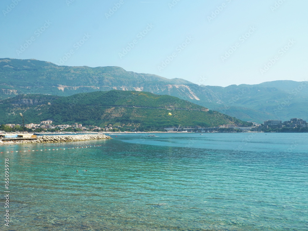 Beautiful landscape of Budva, Montenegro. View over sea and mountains.