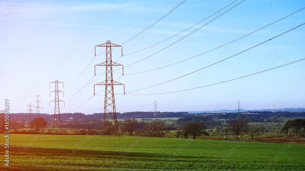 Electricity pylon in a field with blue sky.