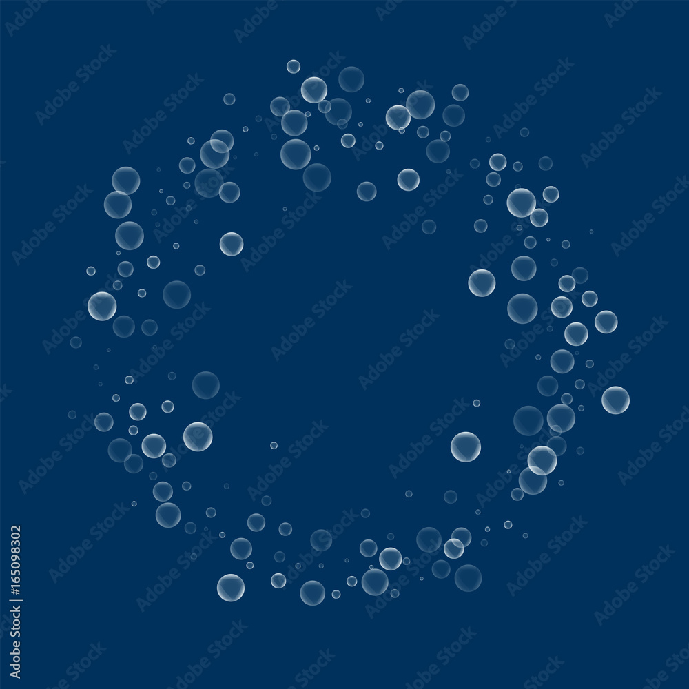 Soap bubbles. Ring frame with soap bubbles on deep blue background. Vector illustration.