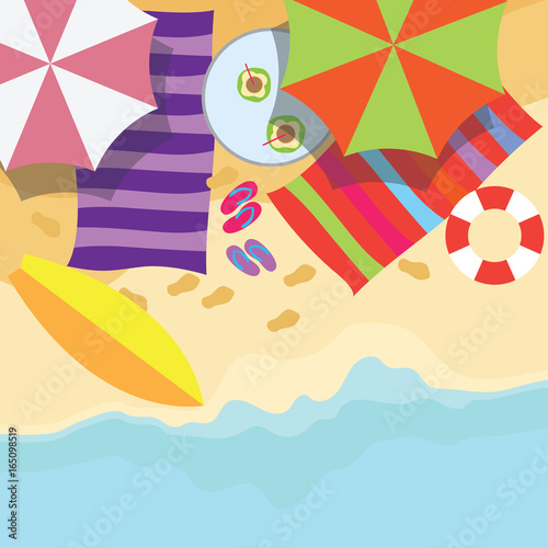 top view of summer vacation with beach items and wave. vector illustration