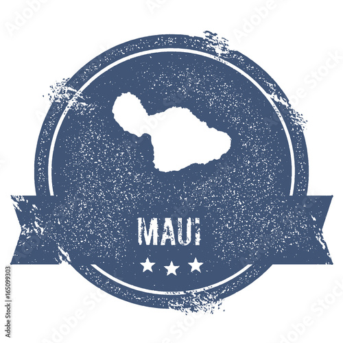 Maui logo sign. Travel rubber stamp with the name and map of the island, vector illustration. Can be used as insignia, logotype, label, sticker or badge.
