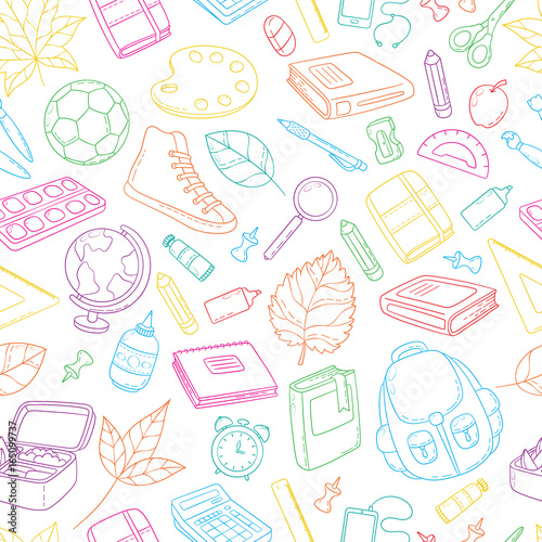 Seamless background, pattern, wallpaper, texture. Template for flyer, advertisement, banner. Vector Doodle Icons Collection. School supplies. Back to school, first day of study.