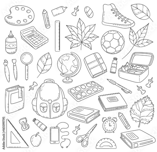 Vector Doodle Icons Collection. School supplies. Back to school, the first day of study. Background, pattern, wallpaper, texture. Template for flyer, advertisement, banner.