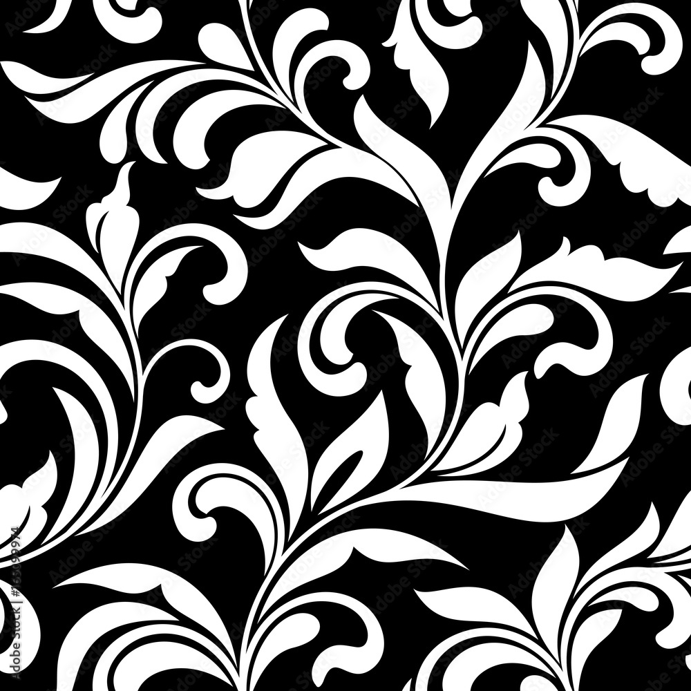Elegant seamless pattern. Tracery of swirls and decorative leaves on a black background. Vintage style. It can be used for printing on fabric, wallpaper, wrapping Elegant seamless pattern. Tracery of swirls and decorative leaves on a black background. Vintage style. It can be used for printing on fabric, wallpaper, wrapping