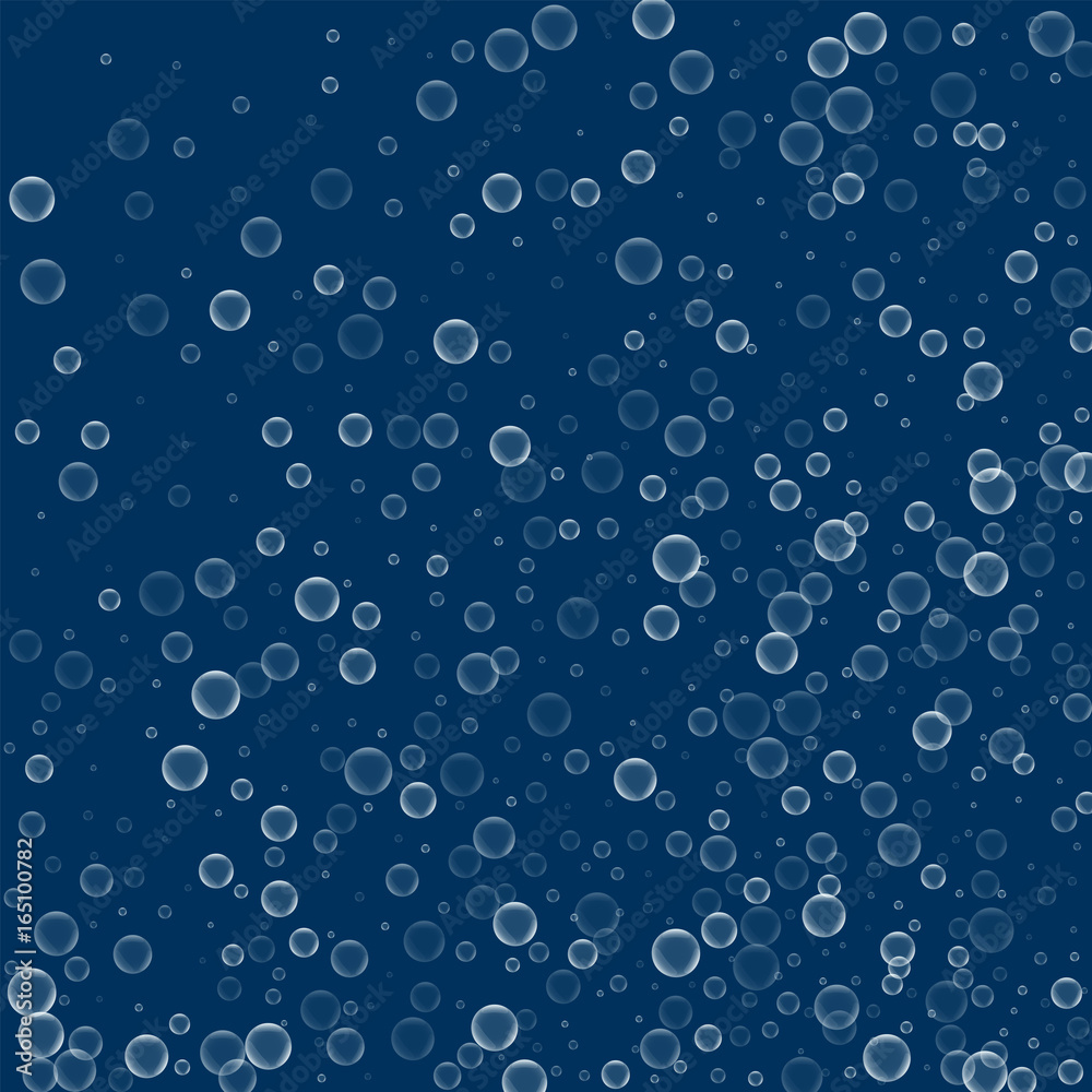 Soap bubbles. Abstract random scatter with soap bubbles on deep blue background. Vector illustration.