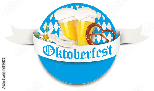 Oktoberfest Logo - Schild mit Banderole, Rauten, Bier, Weißwurst, Brezel und Edelweiß