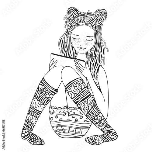 A girl is sitting and reading, using a tablet, laptop and mobile phone. Adult Coloring book page. Zentangle style. Black and white.