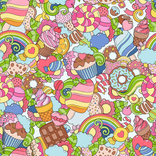 Doodle hand drawn vector illustration, seamless abstract background, texture, pattern, wallpaper, backdrop. Collection of color, bright sweets, desserts, pastries, ice cream, candy elements set
