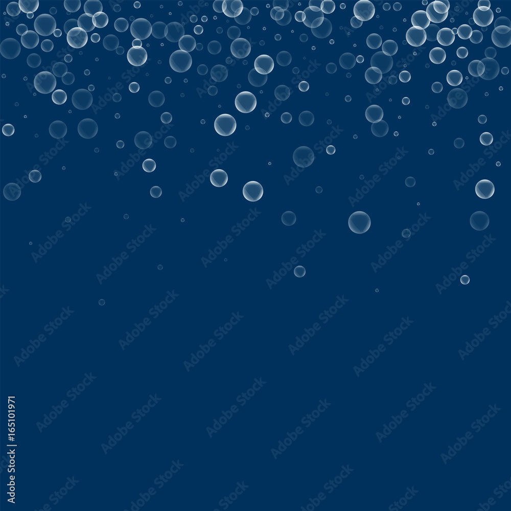 Soap bubbles. Scatter top gradient with soap bubbles on deep blue background. Vector illustration.