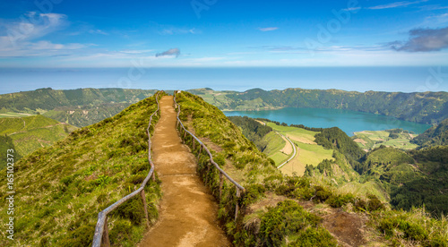 Walking path to a view on the lakes of Sete Cidades, Azores, Portugal photo