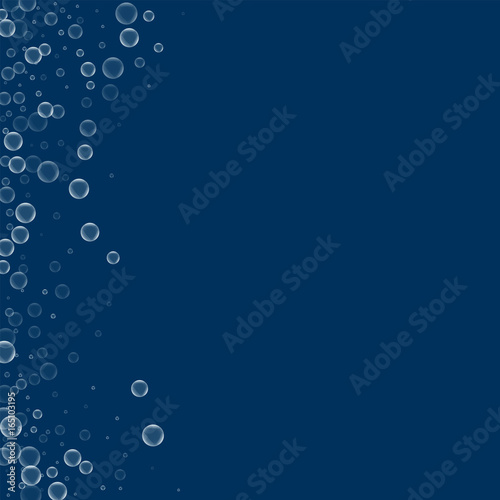 Soap bubbles. Abstract left border with soap bubbles on deep blue background. Vector illustration.