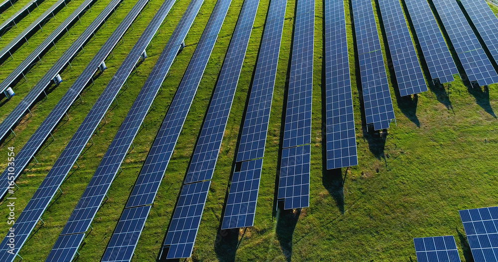 Obraz premium champs de panneaux solaire dans une ferme solaire, france