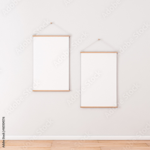 Two Vertical Roll up Posters Mockup hanging on the wall in empty room, 3d rendering