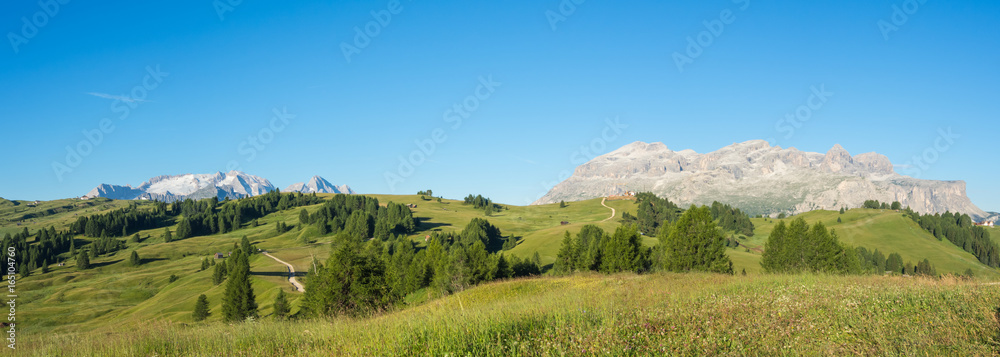 Great landscape on the Dolomites. View on Sella group and Marmolada. Alta Badia, Sud Tirol, Italy