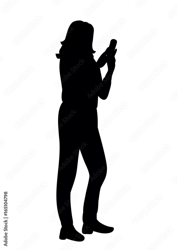 Vector, isolated, black silhouette of girl with phone