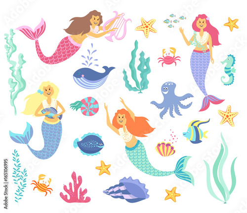 Underwater life collection. Mermaid  sea animals and seaweed on a white background