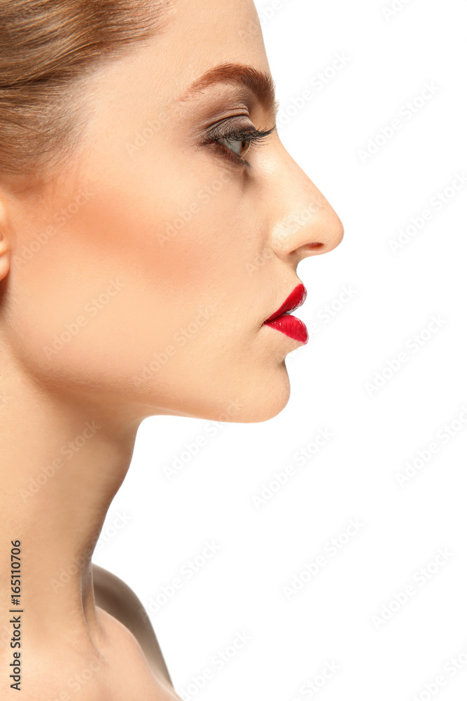 Beautiful young woman with bright lips on white background, closeup