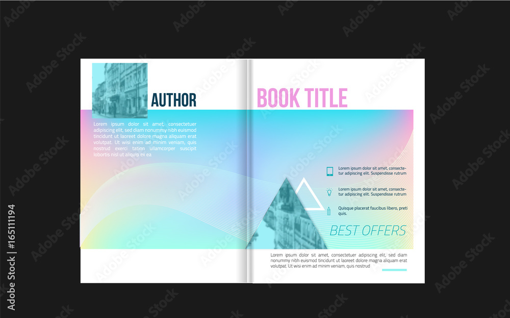 Brochure cover design with icons and blured photo background for your business. Book layout design