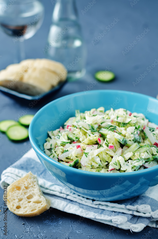 Cabbage radish cucumber dill salad with greek yogurt dressing
