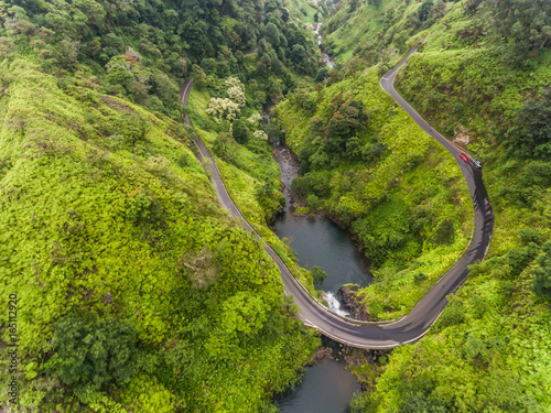 Aerial view of a waterfall on the road to Hana Maui Hawaii