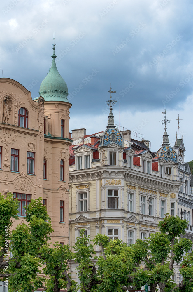 Karlovy Vary - Karlsbad. Buildings in city center with typical bohemian architecture - Czech Republic
