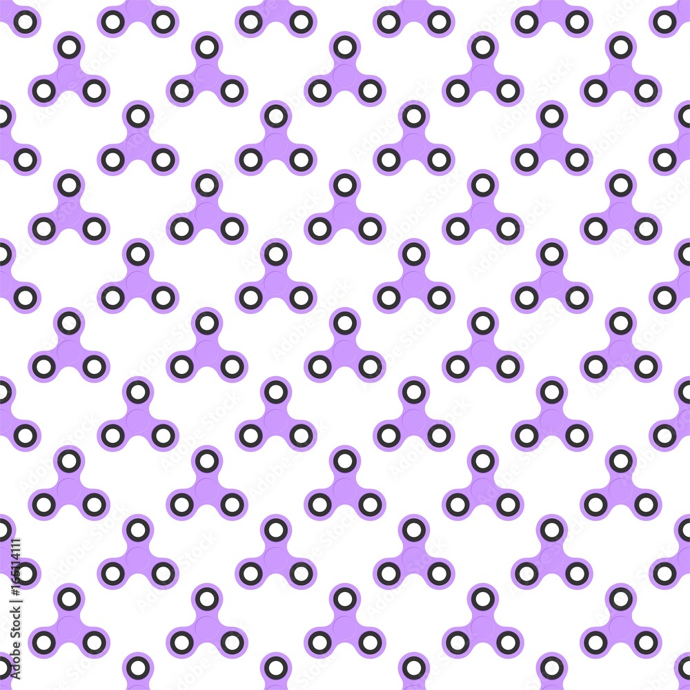 Background from purple children fidget spinners on white background. Playing backdrop of hand twisting toys with bearings in a row next to each other and alternately under him 