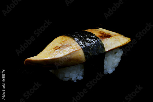 exclusive delicious Sushi with Foie garas sushi or goose liver top on Japanese rice rap by seaweed. Special premium Japanese tradition food.
  photo