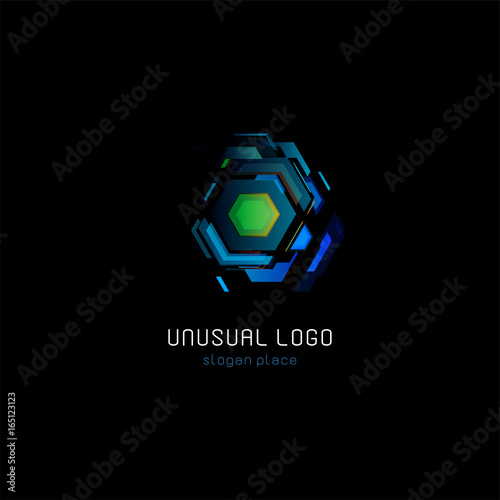 Futuristic reactor abstract colorful vector logo template. Innovative technologies digital design effect logotype on black background