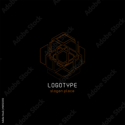Outline contour abstract technology vector logo, unusual isolated monoline logotype, cosmic tech design template element on dark black background, cosmos space.