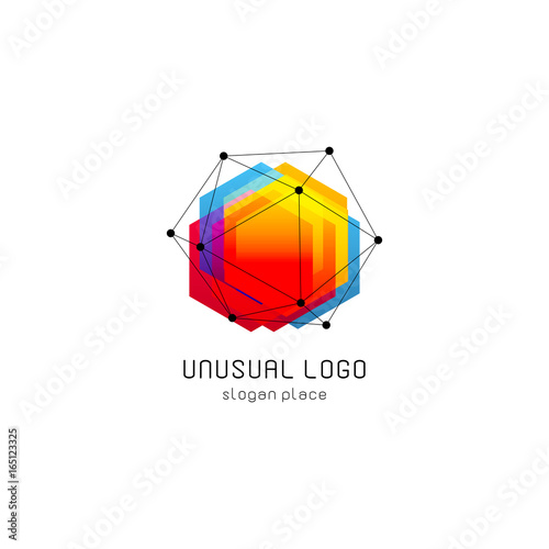 Bright colorful abstract poly construction logotype, unusual innovate design logo template, isolated polygon shape, spiderweb from black lines with dots on corners, illustration on white background