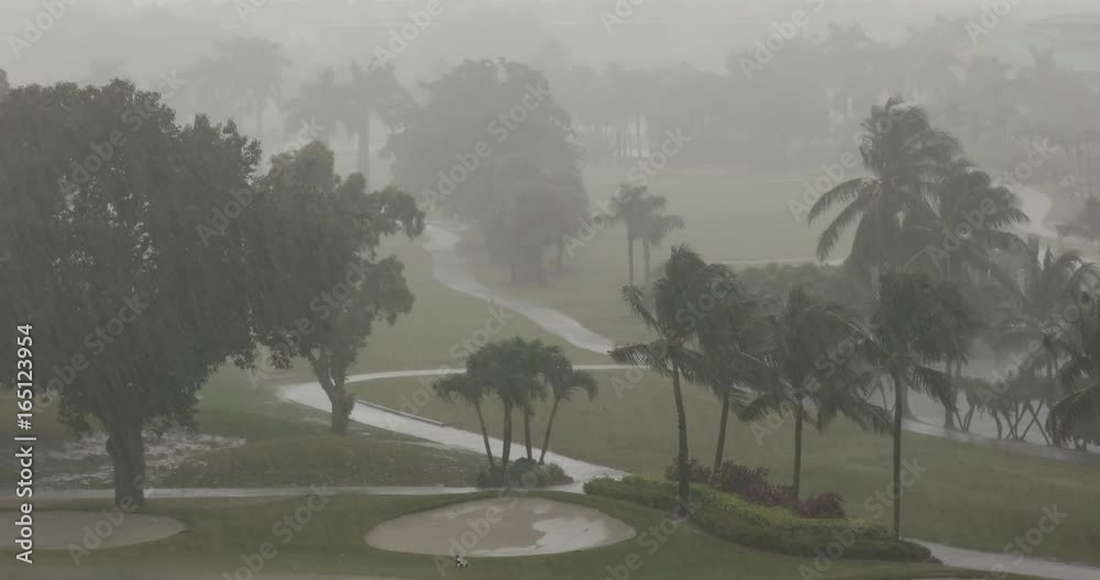 A tropical rain storm soaks a golf course fairway in Miami Florida USA