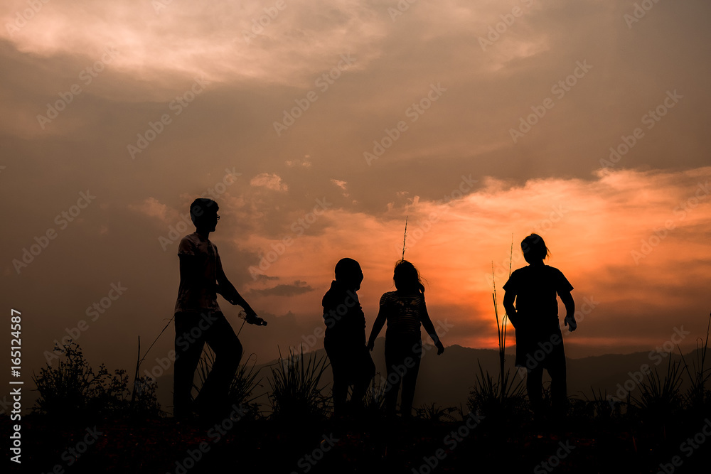 Group of happy children playing on meadow at sunset