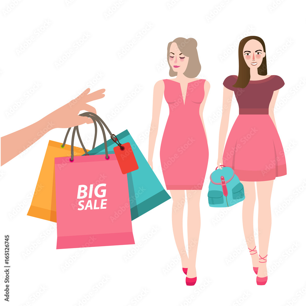 two girls friends walking shopping bring bag big sale customer illustration