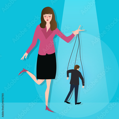hands of woman control puppet concept of leadership dictator manipulated powerless worker in business