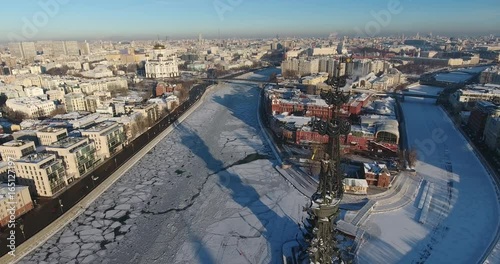 Aerial view on the frozen Moscow River whit monument Peter 1 4K DCI