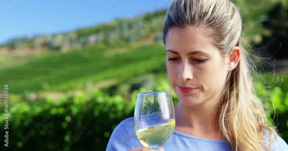 Beautiful woman examining wine in vineyard Beautiful woman examining wine in vineyard