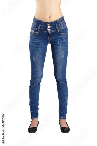 Sexy woman is wearing blue jeans.