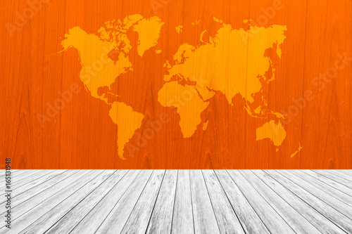 Wood texture surface with Wood terrace and world map © pongmoji
