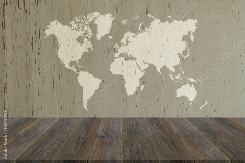 Wood texture background with wood terrace with world map © pongmoji