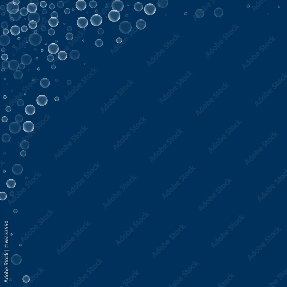 Soap bubbles. Abstract left top corner with soap bubbles on deep blue background. Vector illustration.